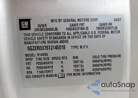 2007 Saturn Outlook Special from USA, damaged, VIN 5GZER33767J145018